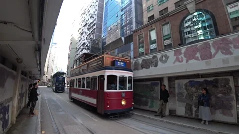 Hong Kong double-decker tram, lifestyle. Stock Footage