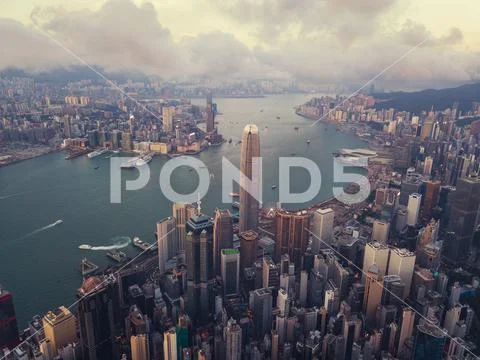 Hong Kong Downtown and Victoria Harbour. Financial district in smart city. Sk Stock Photos