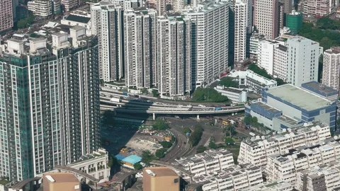 Hong Kong - Elevated city view with traffic and high rise residential buildings. Stock Footage 82176641