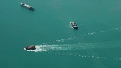 Hong Kong - Elevated view of harbour. Close up of boats. 4K resolution. Stock Footage 81705471