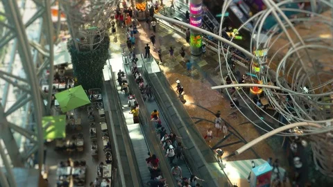Hong Kong - Elevated view of people on escalators in shopping mall. 4K Video stock 82461911