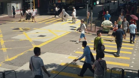 Hong Kong - Elevated view of small junction with people on crosswalk. 4K Stock Footage 79382912