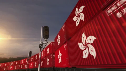 Hong Kong export containers on cargo train wagons loop Stock Footage 329764117