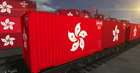 Hong Kong export containers on cargo train wagons loop Stock Footage 329764342