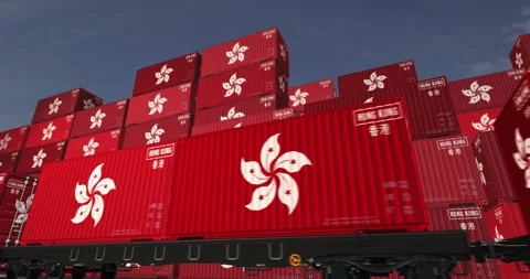 Hong Kong export containers on cargo train wagons loop Stock Footage 329764737
