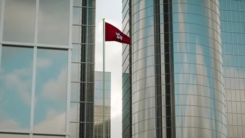 Hong Kong Flag 3D Render Animation on Pole with City Buildings Stock-Footage 332879244