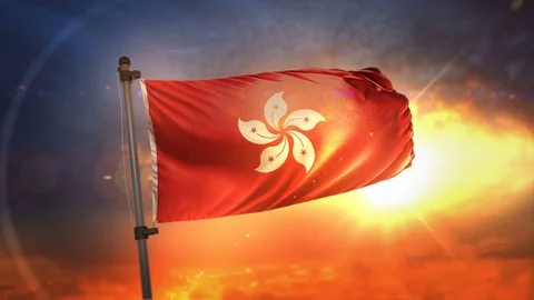 Hong Kong Flag Backlit At Beautiful Sunrise Loop Slow Motion 4K Stock Footage 76420768