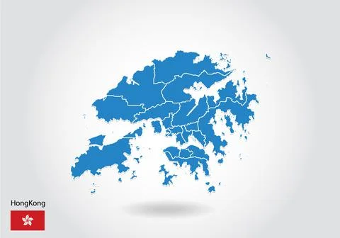 Hong Kong map design with 3D style. Blue hong Kong map and National flag. Sim Stock Illustration