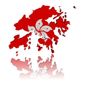 Hong kong map flag 3d render with reflection illustration Stock Illustration