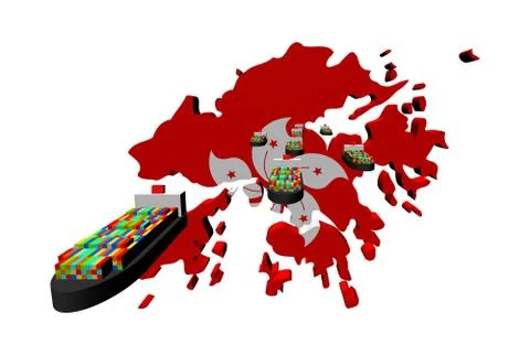 Hong kong map flag with container ships illustration Stock Illustration