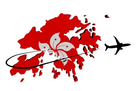 Hong Kong map flag with plane silhouette and swoosh illustration Stock Illustration