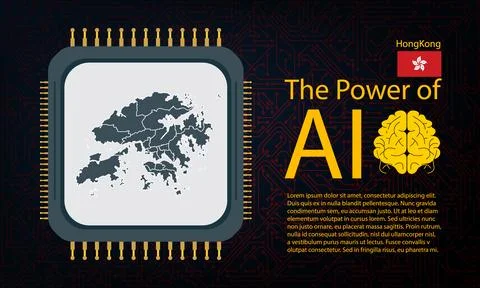 Hong Kong map with microchip war and AI concept on circuit board, Power of .. Ilustração Stock
