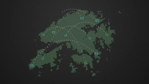 Hong Kong Map Network Animation with Data Signals Connecting Different Locations Stock Footage 342308612
