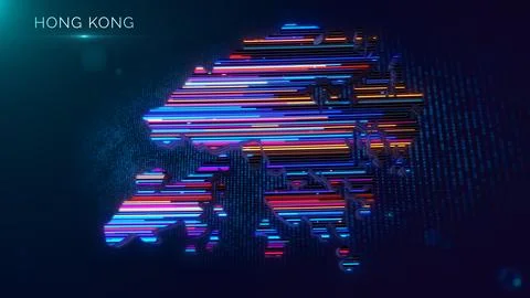 Hong Kong Map with Text and Colorful Neon Lines Background Illustration