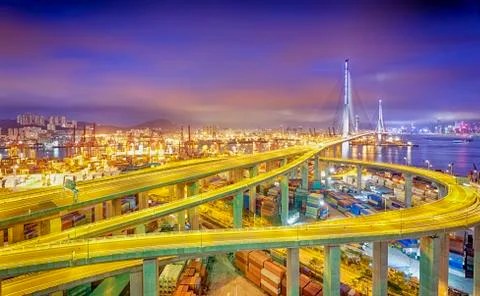 Hong kong modern city High speed traffic and blurred light trails Stock Photos