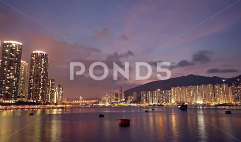 Hong Kong at night and modern buildings Stock Photos