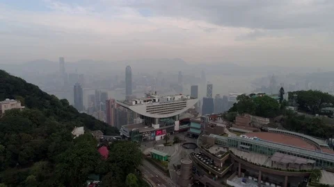 Hong kong peak view point tower construction morning aerial panorama 4k china Stock Footage 75486418