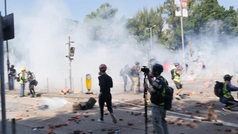Hong Kong Polytechnic University Riots - Tear Gas Stock Footage 124861077