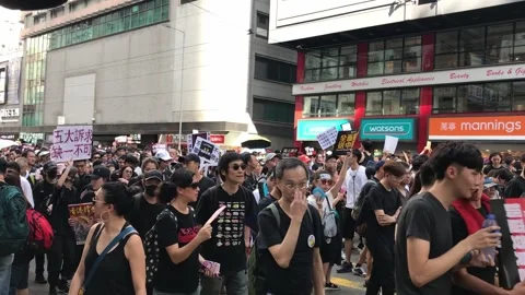 Hong Kong Protests 2019 Mass Demonstration in City Streets. Stock Footage 336447655