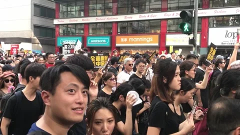 Hong Kong Protests 2019 Mass Demonstration in City Streets. Stock Footage 336447796