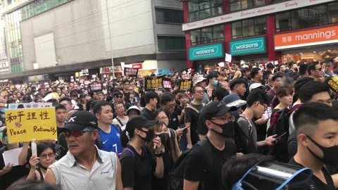 Hong Kong Protests 2019 Mass Demonstration in City Streets. Stock Footage 336447825