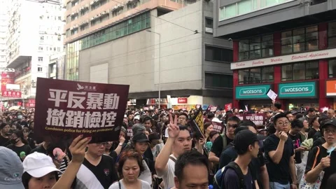 Hong Kong Protests 2019 Mass Demonstration in City Streets. Stock Footage 336447832