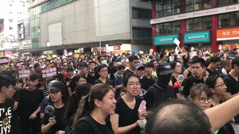 Hong Kong Protests 2019 Mass Demonstration in City Streets. Stock Footage 336447869