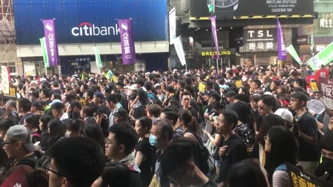 Hong Kong Protests 2019 Mass Demonstration in City Streets. Stock Footage 336448221