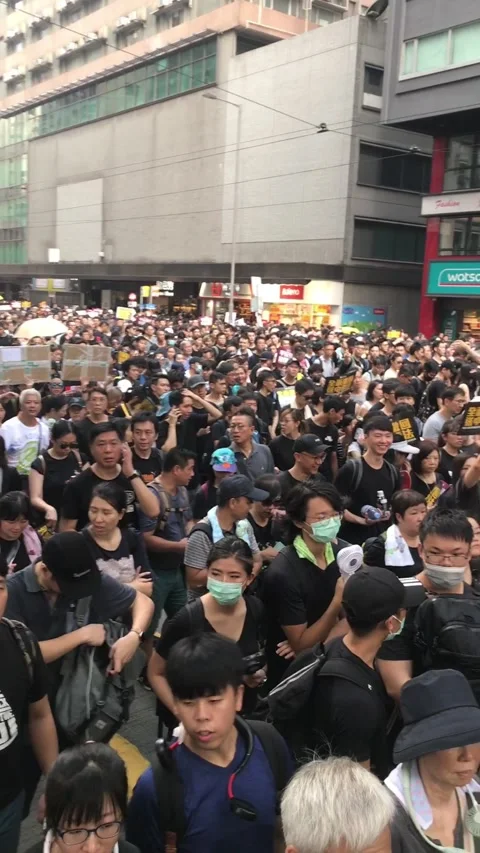 Hong Kong Protests 2019 Mass Demonstration in City Streets. Stock Footage 336448329