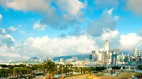 Hong Kong in the rays of the rising sun. Timelapse Stock Footage 8777286