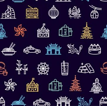 Hong Kong Signs Seamless Pattern Background on a Dark. Vector Stock Illustration