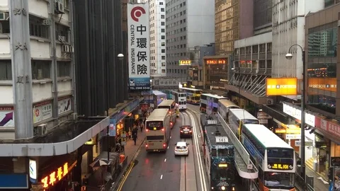Hong Kong Street with Tram view Stock Footage