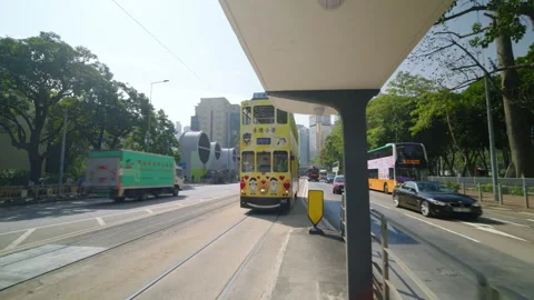 Hong Kong Tramways - Ding Ding In The City Streets. POV Shot Stock Footage 336435294