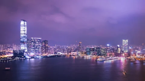 Hong Kong, Victoria Harbour, Skyline TimeLapse with Skyscrapers day to night Stock Footage
