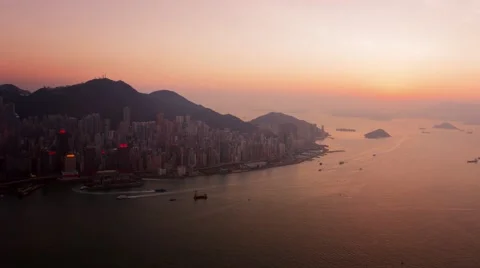 Hong Kong's Urban Coastline at Dusk. Video 4k Stock Footage 59794445