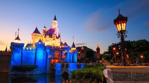 HongKong Disneyland Castle 4K Time Lapse Day to Night (3 Shots) Stock Footage
