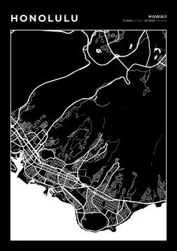 Honolulu Map Wall Art Frame, Cartography Map Print, City Layout Map Stock Illustration