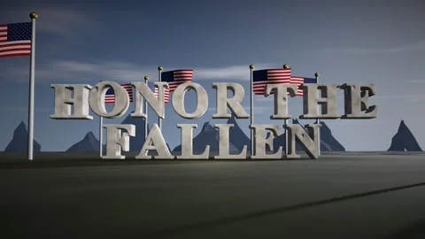 Honor The Fallen Pale Granite 3D Letters with Rows of American Flags in a Cold 스톡 동영상 343023052