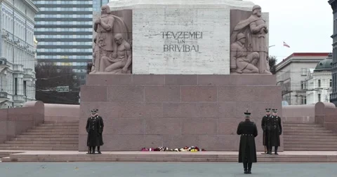 Honor guard at Freedom Monument in Riga Latvia, formal ceremony Stock Footage 321047098