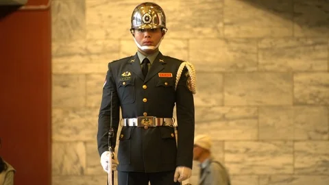 Honor Guard Standing at Attention at Sun Yat Sen Memorial - Taipei Taiwan ROC Stock Footage 87207402