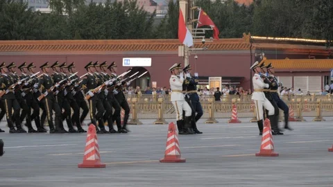 Honor guards marching to Tiananmen square for flag ceremony,Beijing,China Stock Footage 96476438