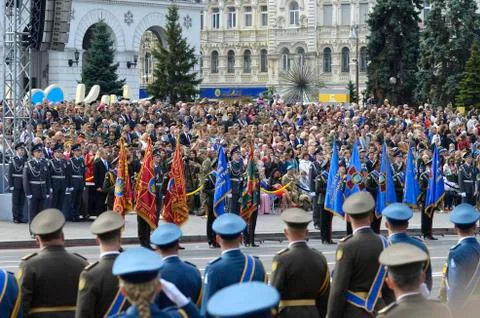 Honor guards standing in a line during military parade, crowd watching on a b Stockfoto's