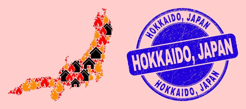 Honshu Island Map Composition of Fire and Buildings and Distress Hokkaido, Japan Ilustración de archivo