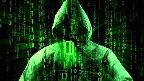 Hooded compuer hacker, binary code Stock Footage 314199808