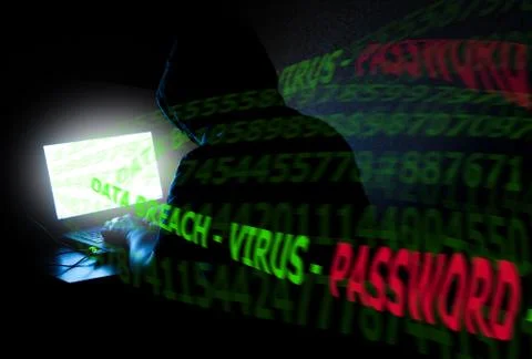 Hooded Computer Criminal Stealing Data Illustrazione stock