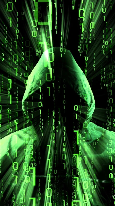 Hooded computer hacker, binary code Stock Footage 314079076