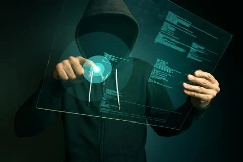 Hooded computer hacker hacking biometric security internet system Stock Photos