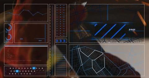 Hooded female operator analyzing data streams at high-tech console, with Stockfoto's