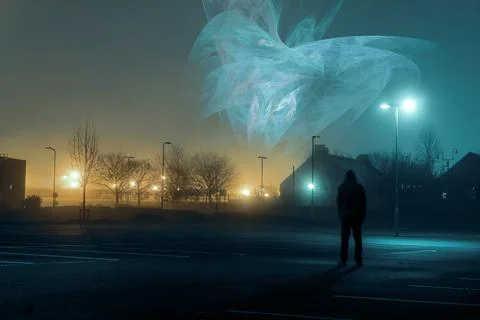 A hooded figure. Looking up at an alien structure floating in the sky Stock Photos