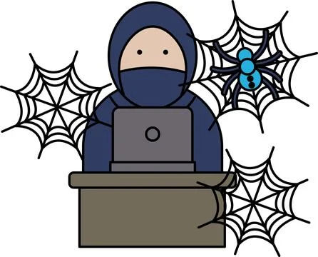 Hooded figure sits at desk using laptop Stock Illustration